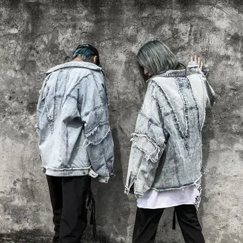 

2019 New Distressed Ripped Denim Jacket Mens Hip Hop Multi-pocket Denim Jackets Male Fashion Jeans Coats Streetwear Blue