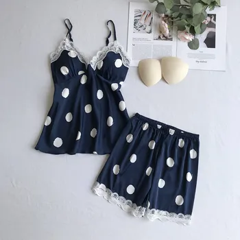 

Ladies thin summer pajama ice silk sexy suspenders + shorts, wave point lace + chest pad home clothing
