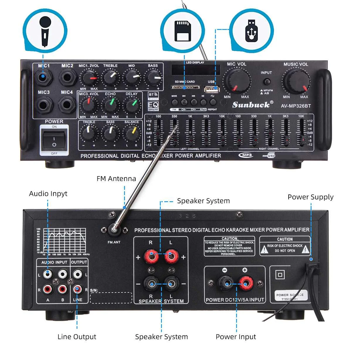 Home Bluetooth Amplifiers 2 Channel Home Car Audio Stereo Subwoofer Amplifier Power Audio Amplifier Audio USB SD With Remote