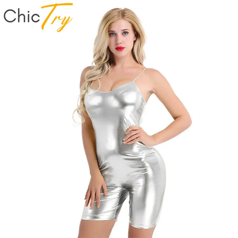 

ChicTry Shiny Patent Leather Spaghetti Straps Stretchy Gymnastics Leotard Ballet Costume Jumpsuit Bodysuit Club Women Dance Wear