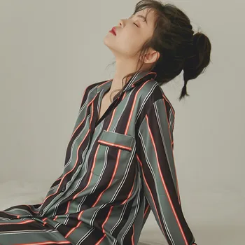 

2020 Spring New Style Viscose Pajamas Women's Long Sleeve Silk Tracksuit Imitated Silk Fabric Pajamas Set