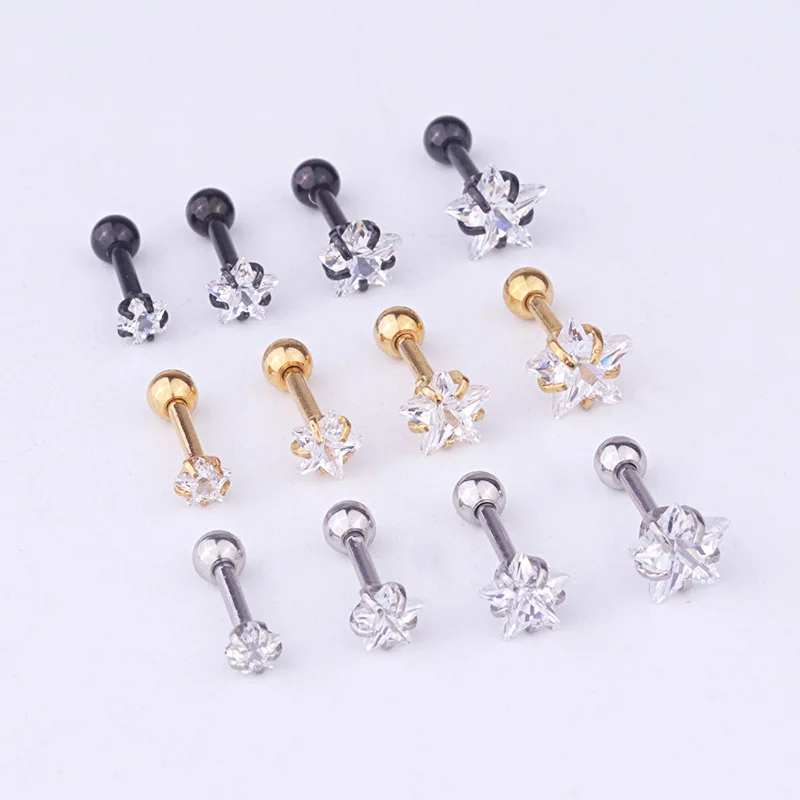 316 Stainless Steel Screw-back Star Zircons Stud Earrings 3mm to 8mm Classical Style Golden IP Plating No Easy Fade Allergy Free 2
