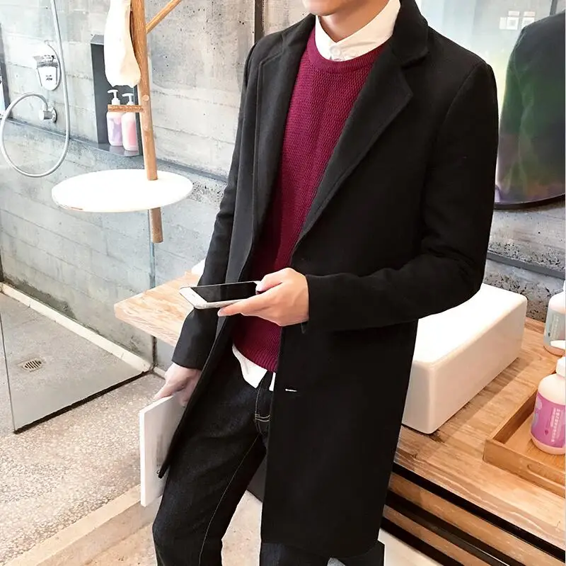 New Winter Wool Coat Men Leisure Long Sections Woolen Coats Men's Pure Color Casual Fashion Jackets/Casual Men Overcoat 3XL - Цвет: Черный