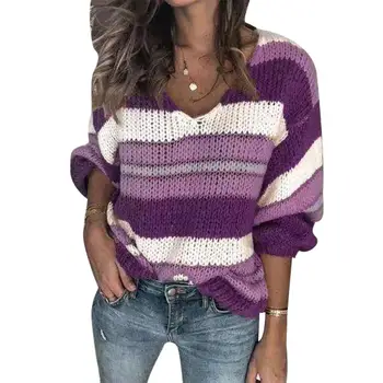

Winter Sweater Women V-Neck Minimalist Top Fashionable Knitting Casual Loose colorblocking Sweater