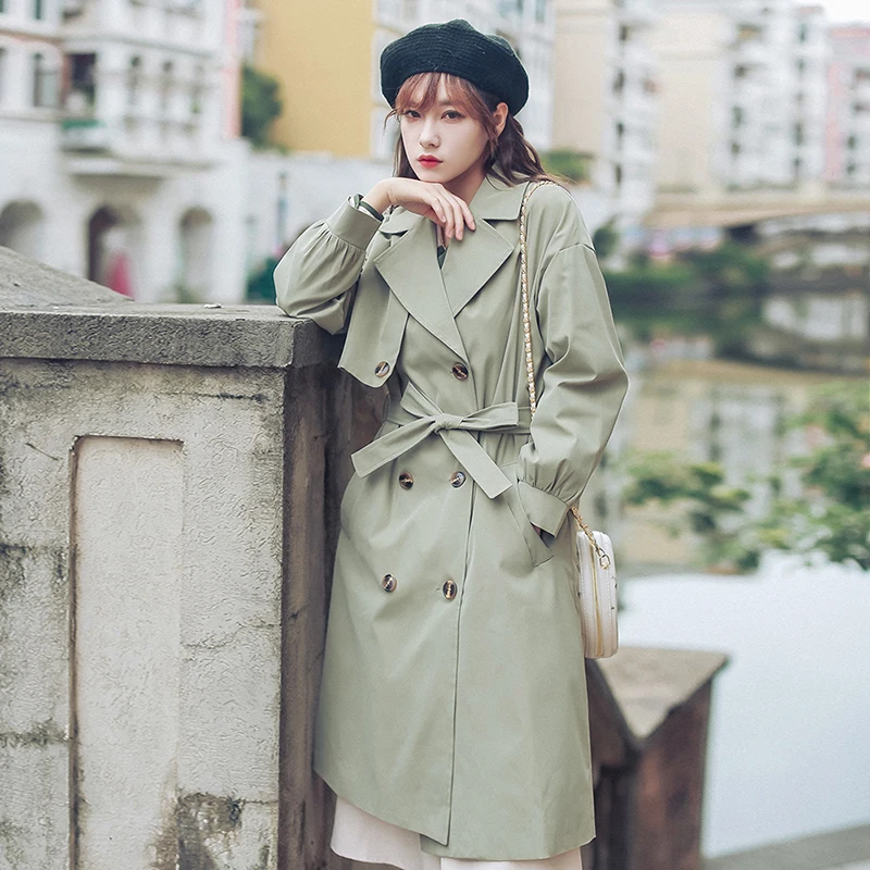 Pea-green Women Trench Coat Autumn Spring Runway 2022 Elegant Korean Pocket Long Casual Office Street Outwear Fall Overcoat | Женская