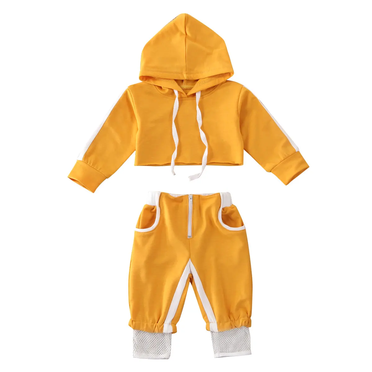 Весенне-осенняя одежда для малышей, спортивная одежда для маленьких девочек, укороченные топы с капюшоном, штаны, спортивный костюм, 2 предмета, однотонная одежда