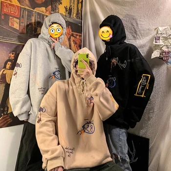 

2019 Autumn And Winter New Youth Student Print Pullover Fashion Casual Loose Hooded Sweatshirt Gray / Black / Khaki M-XL