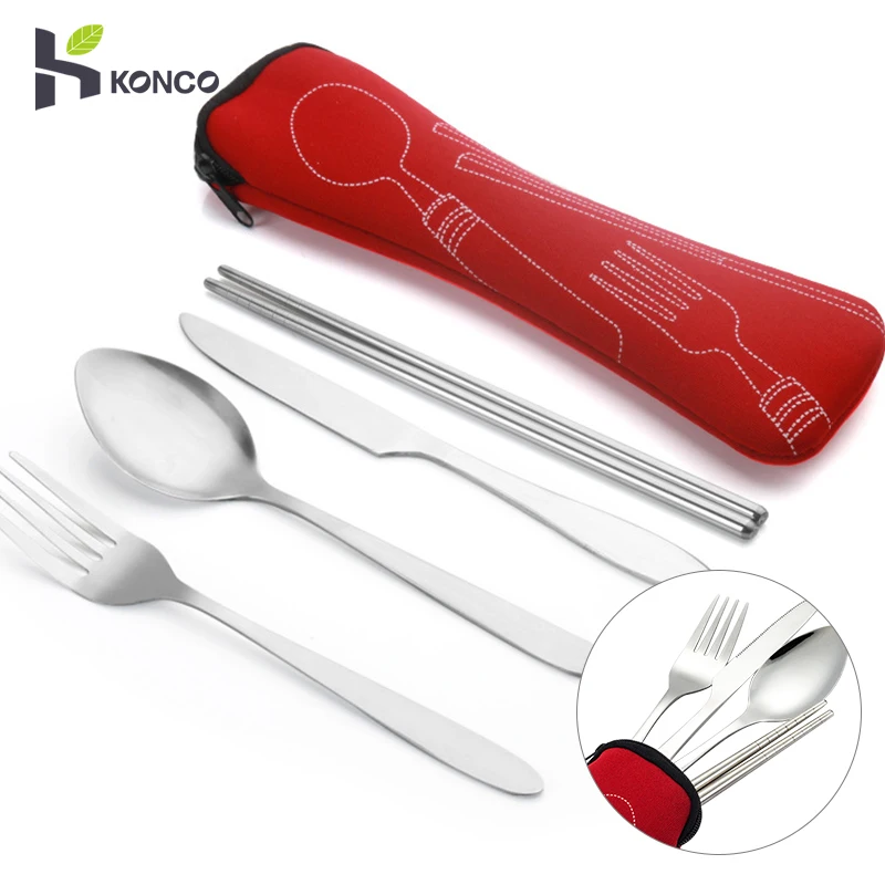 Stainless Steel Bento Box Cutlery set Portable Lunch Dinnerware Kit Knife Fork Spoon Chopsticks Travel Picnic Cutlery