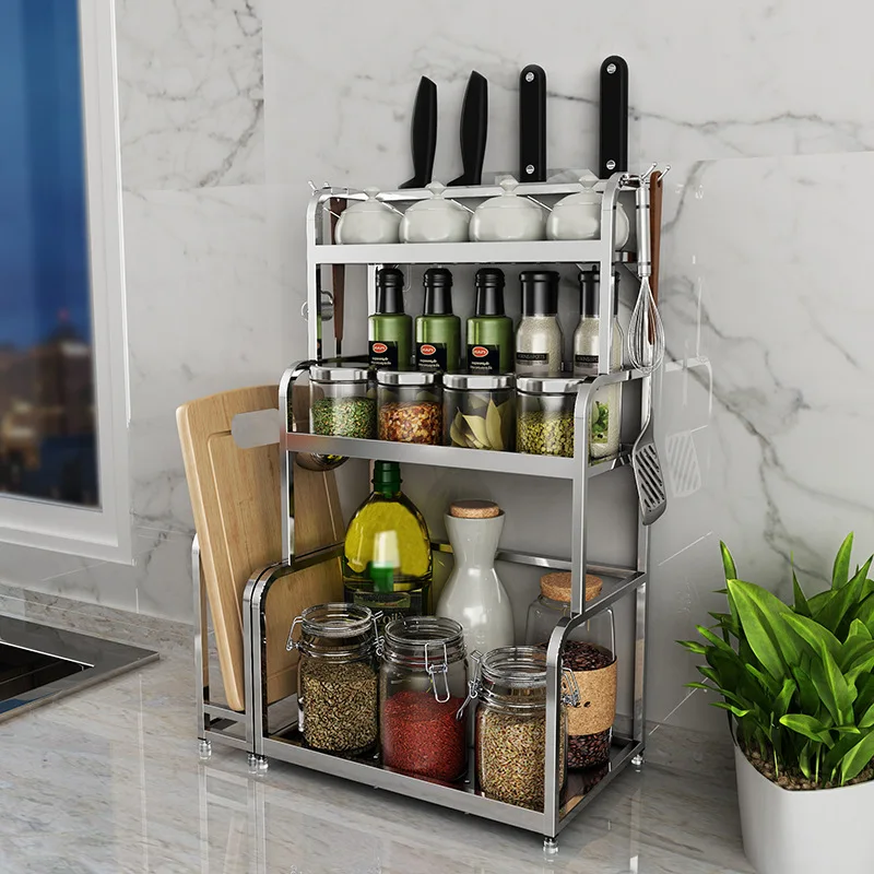 

304 Stainless Steel Kitchen Storage Shelf Spice Rack Seasoning Knife Rest Chopping Block Rack Wall Hangers Storage Supplies