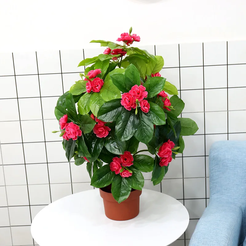 

70 Cm Extra Large Rhododendron Bouquet Tea Rose Simulated Green Plants Potted Plant Restaurant Home Office Bonsai Decoration