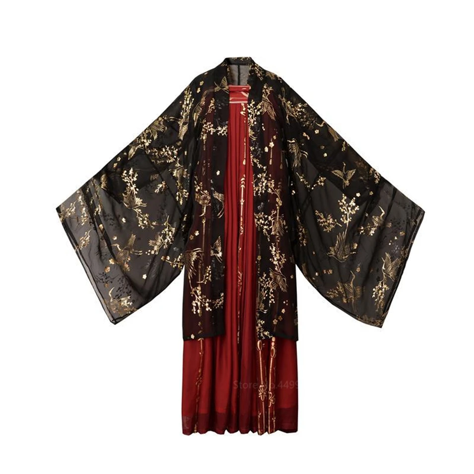 Старинное нарядное традиционное торжественное платье принцессы Hanfu для женщин и девочек; комплект из топа с принтом золотого журавля и красной юбки в стиле ретро для народных танцев
