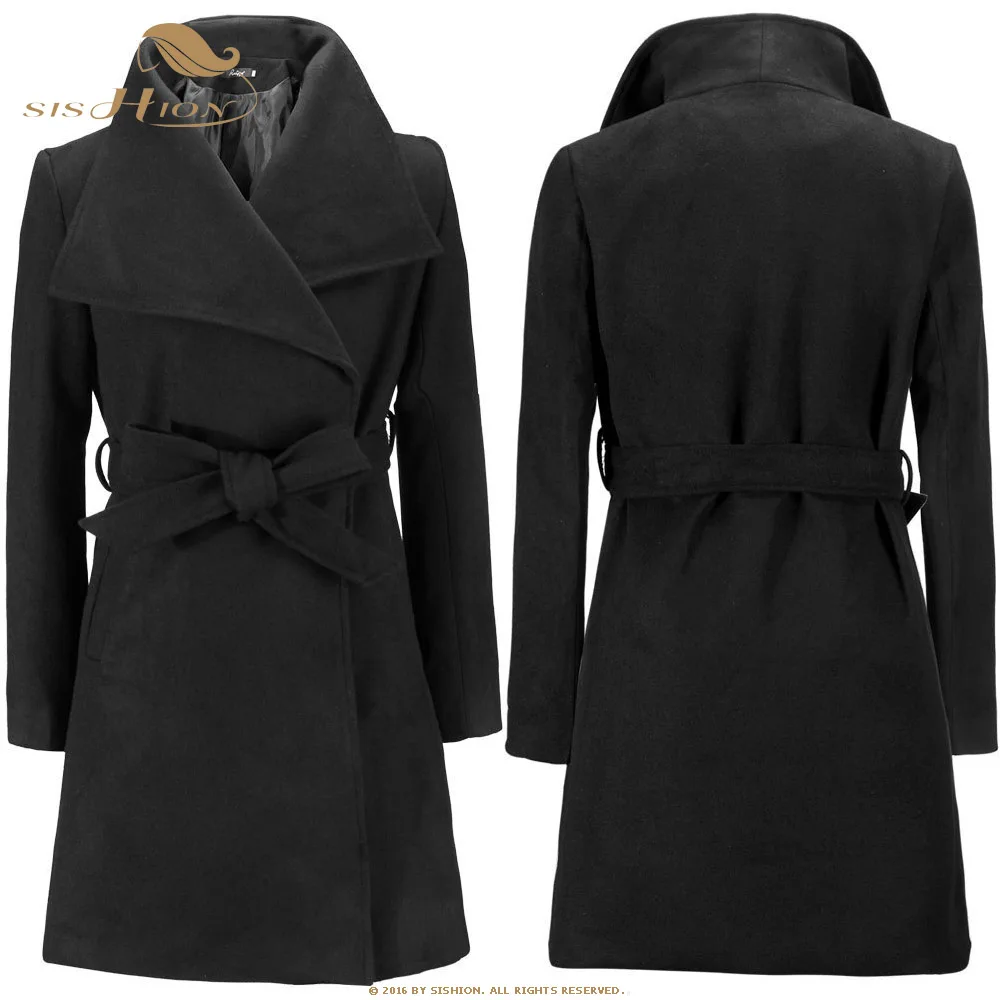 

SISHION 2019 Women Wool Blend Overcoat with Sashes Femme Casual QY0328 Winter Outwear Turn-Down Collar Slim Ladies Trench Coats