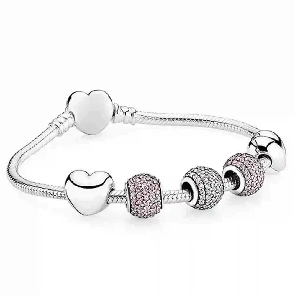 

SIENTO 100% 925 Sterling Silver PAVE BALL CHARM Beaded Bracelet with Heart-shaped Clasp Festival Day Gift Set Jewelry