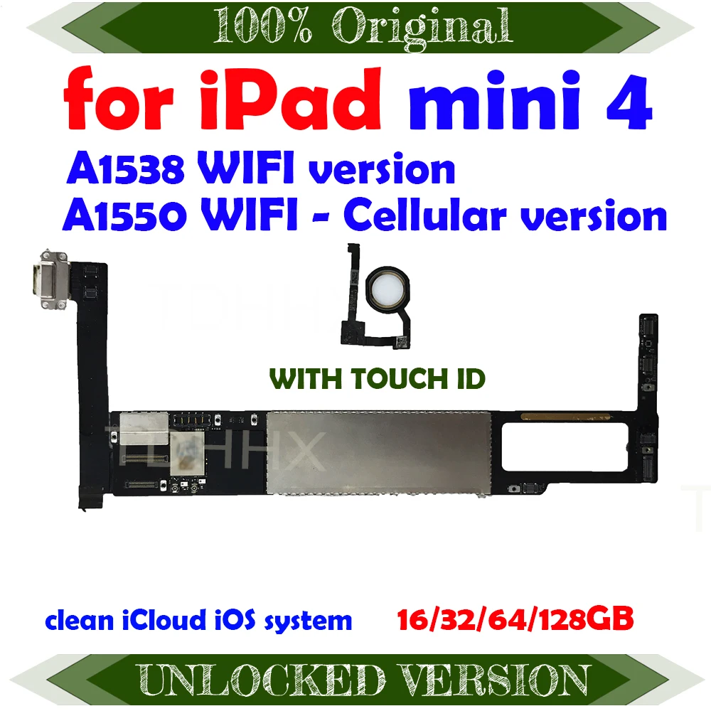 Original Motherboard For iPad Mini 4 Unlock iCloud Mainboard 16G 32G 64G 128G A1550 Touch ID WLAN + Cellular Version Logic Board