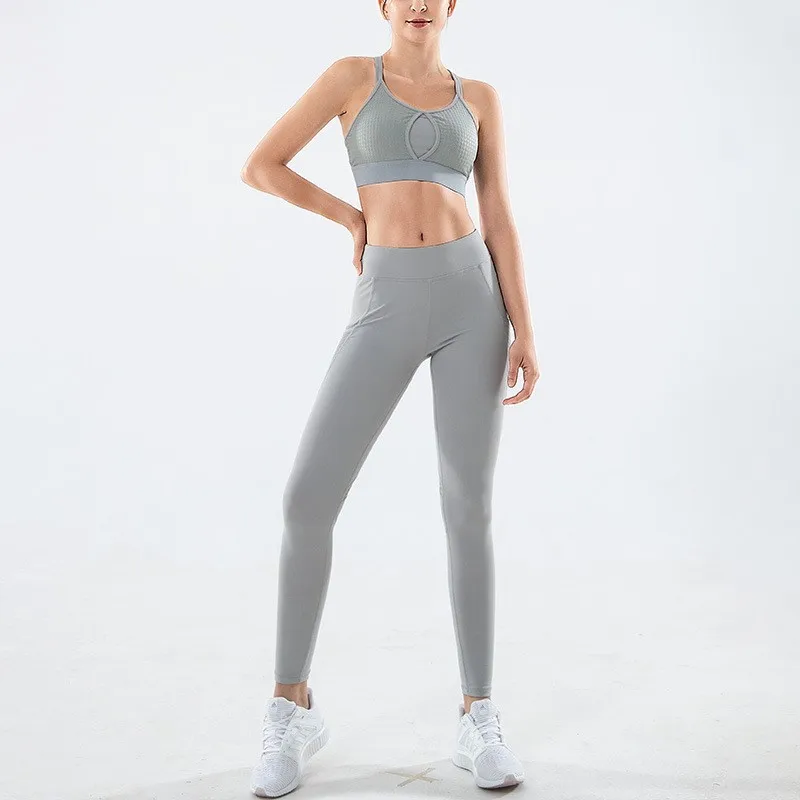 Комплект из 2 предметов для йоги, женская одежда для фитнеса, спортивный костюм для спортзала, бега, тренировочный костюм, красивый бюстгальтер на спине+ штаны с эффектом пуш-ап, Размеры S XL