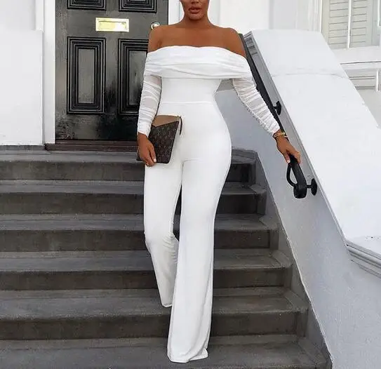 Сексуальные одноцветные плиссированные комбинезоны с длинным рукавом с открытыми плечами и воротником-лодочкой комбинезон с расклешенными штанинами вечерние облегающие комбинезоны с открытой спиной
