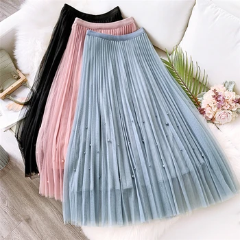 

Meyooe Women Midi Skirt Spring Summer Pearl Mesh Pleated High Waist Solid Casual Skirt For Women Femme