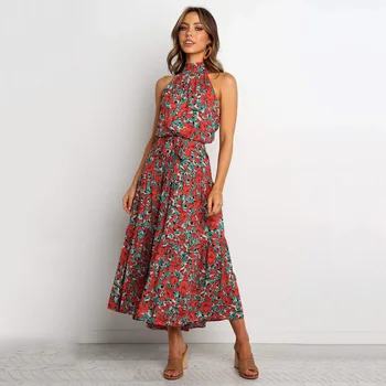

Summer Cold Shoulder Vestidos Elegant Halter Tunic Broken Flowers Print Maxi Dress Summer Casual Loose Sexy Ladies Party Dresses