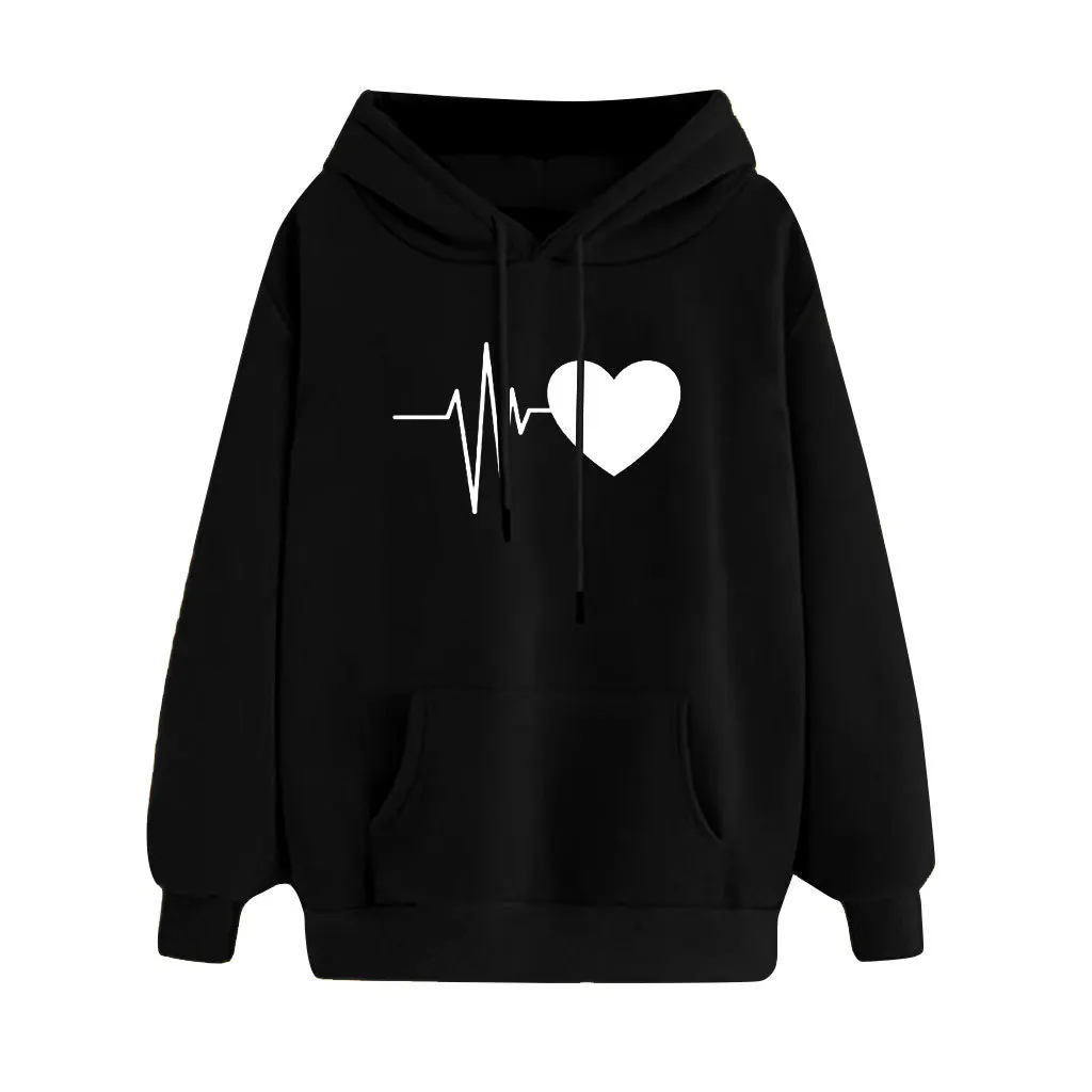 Printed Pocket Hooded Women hoodie sweatshirt Long Sleeve Cotton Electrocardiogram Print Hoodies for girls Pocket hoodie