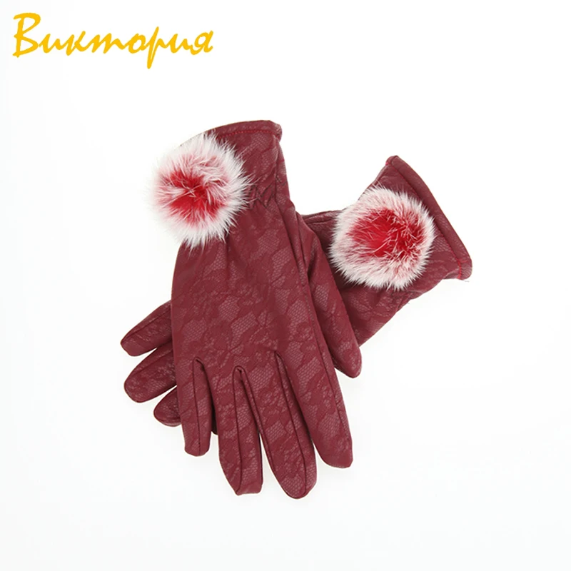 [CHARA'S] Брендовые женские перчатки кожаные перчатки кружевные теплые перчатки с кроличьим мехом модные зимние теплые тактильные перчатки