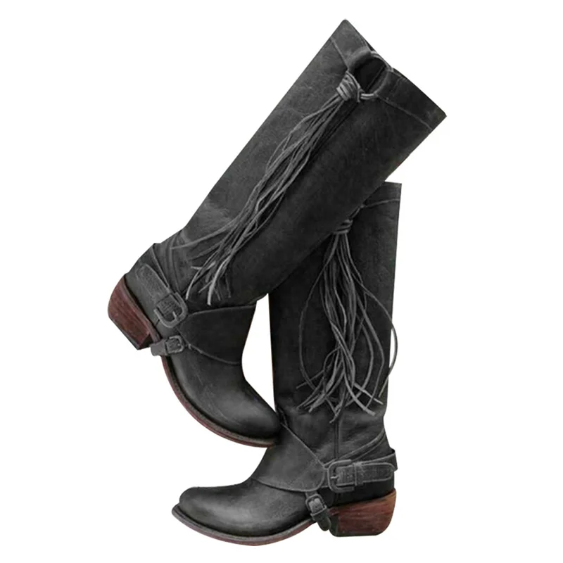 

Womens Long Boots PU Leather Shoes Knee Length Tassel Low Heels High Bootie Vintage 2019 Fashion Women Boots Chaussures Femme
