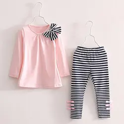 Beenira/комплекты одежды для девочек, новинка 2019 года, Модная стильная футболка в полоску с длинными рукавами и бантом + штаны в полоску для