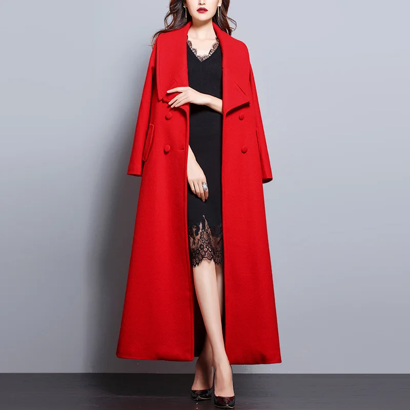 Женское зимнее пальто, Осеннее и зимнее новое классическое красное шерстяное пальто большого размера, прямое плотное длинное шерстяное пальто для женщин