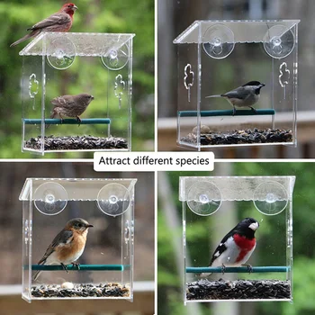 

Large Acrylic Window Bird Feeder House Shaped Pet Supplies For Wild Birds Food Tray With Suction Cups Birdhouse Easy Install