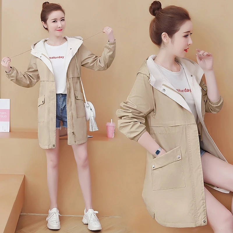 New Women Clothing Hooded Trench Coat Spring Autumn Korean Slim Female Student Windbreaker Large Size Loose Ladies Outerwear W52