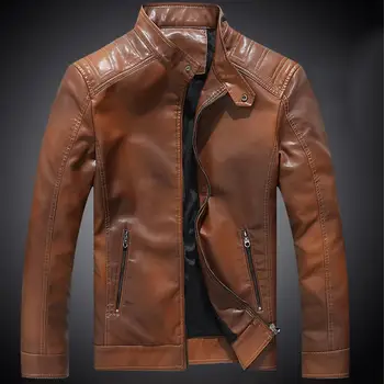 

Cool Motorcycle Jacket Men Stand Collar Gradient Color Zip Faux Leather Coat Male Winter Autumn Outwear Casual Zipper clothing