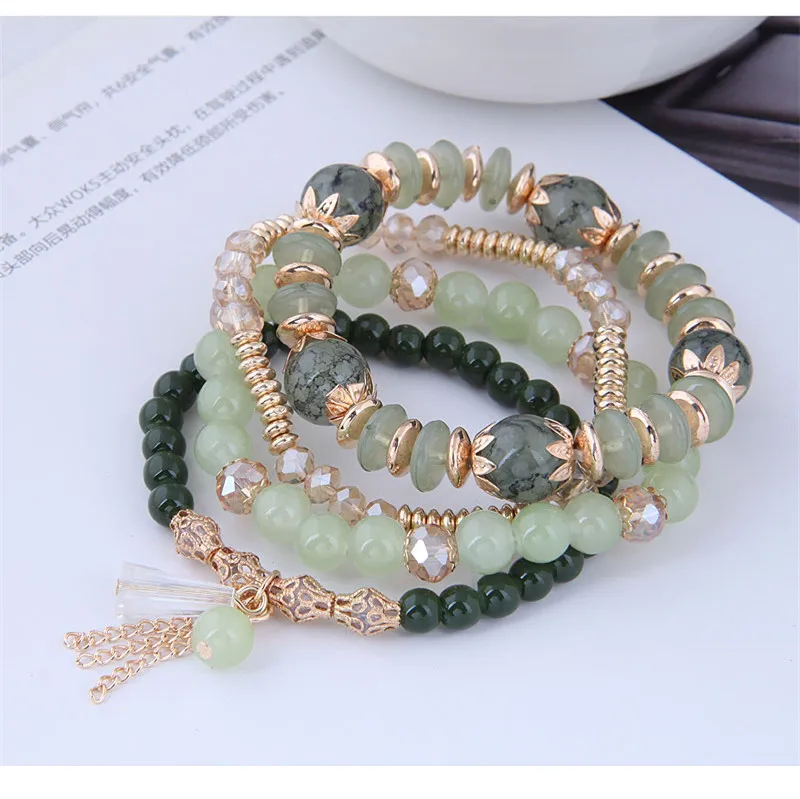 Kymyad Korea Trendy Fashion Green Crystal Stone Bracelets For Women Gold Color Tassel Chains Charm Bracelet Femme Beads Pulseras bracelet jewelry