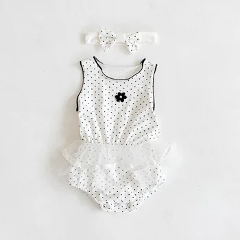 

Kids Sunsuit 2020 Summer Baby Girls Rompers Baby Clothes Rompers Vest Sleeveless Dot + Hair Band Infant Girls Fashion Jumpsuit