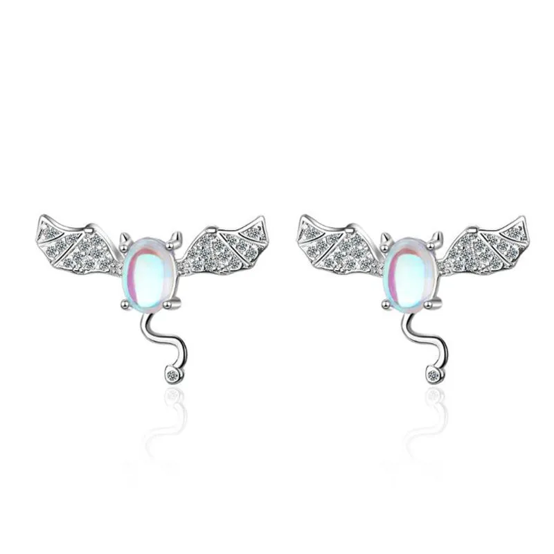 

Beautiful Personality Creative 925 Sterling Silver Jewelry Artificial Moonstone Small Devil Cute Bat Crystal Stud Earrings SE665