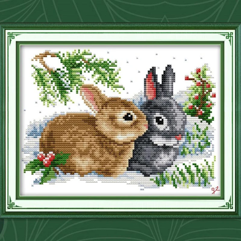 

New Cartoon Novice Printed Cross Stitch Rabbit Embroidery Living Room Auspicious Rabbit Couple Background Decoration Supplies