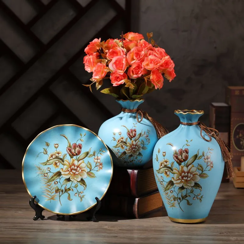 3Pcs）European Ceramic Vase Dried Flowers Flower Arrangement Wobble Plate Living Room Entrance Ornaments Home Decorations 4