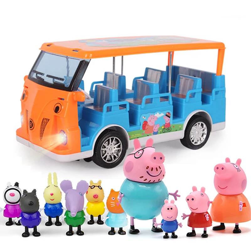 Peppa Pig-figuras de acción de Peppa Pig, juguetes de coche escolar, autobús, George Pig, amigos, familia, Anime, casa de simulación para chico, regalos