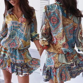 

Women Long Sleeve Printed Short Dress Ladies Casual Floral Print Cocktail Party Dresses Boho Beach Holiday Dress