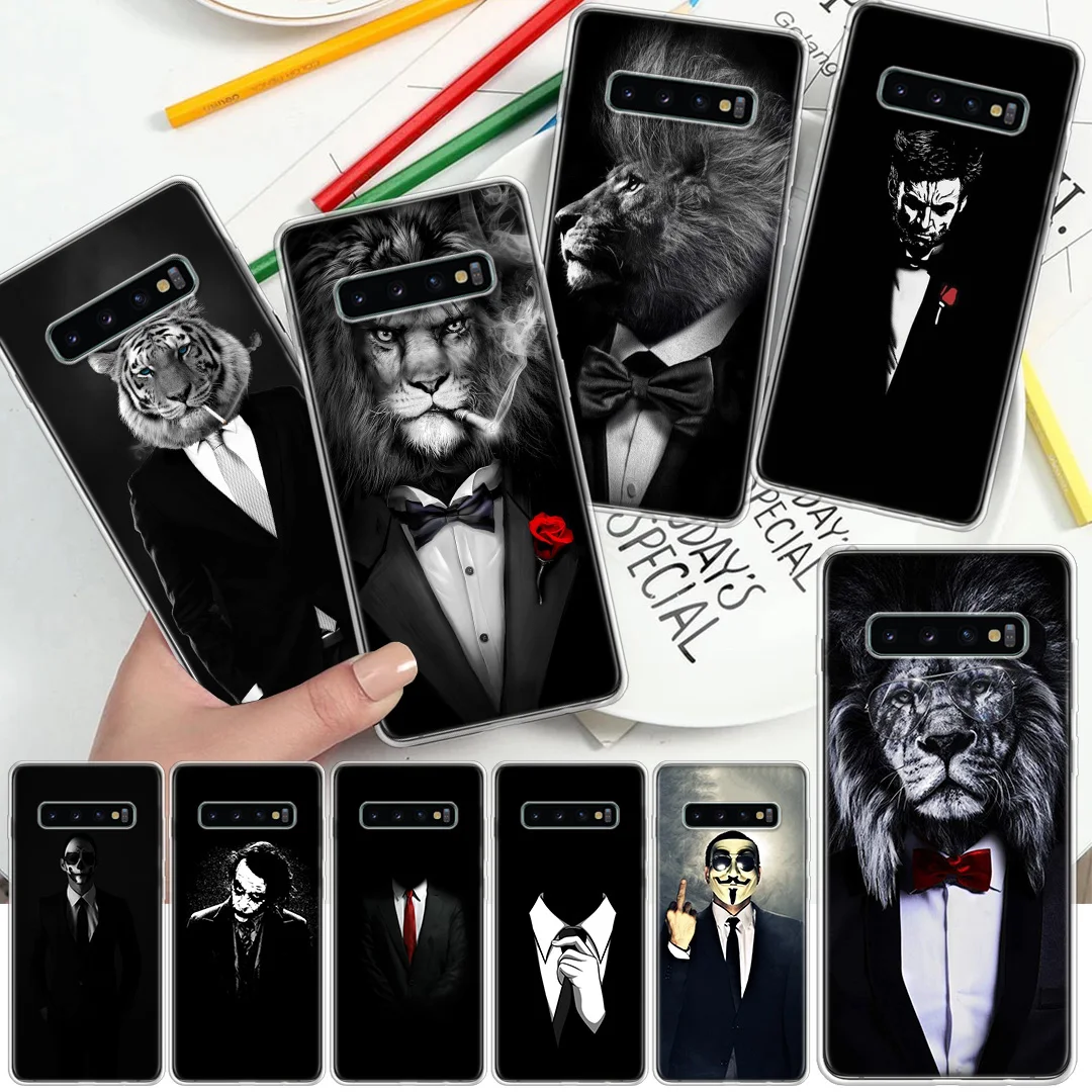 Lion Man Suit Shirt Tie Black Animal Phone Case Per Samsung Galaxy S21 S20 Fe S22 S23 S24 Ultra S10 Plus S9 + S8 S10E Soft Cover