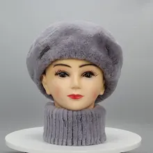Women French Beret Solid Color Elegant Ladies Rex Rabbit Fur Winter Russian Hat Scarf 2 Pieces Soft Retro Plain Fur Cap Scarves