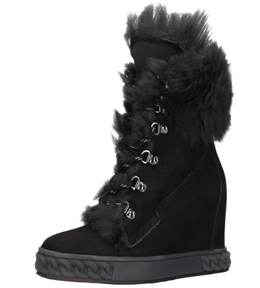 

Black Suede Fur Girls 8 cm Height Increasing Winter Warming Round Toe Lace Up Front Wedge Short Fashion Ankle Boots Woman