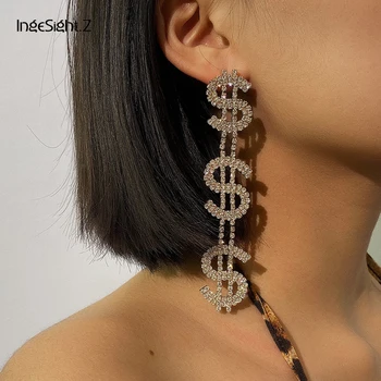 

IngeSight.Z Luxury Shiny Rhinestone US Dollar Drop Dangle Earrings Punk Money Sign $ Crystal Hanging Earrings for Women Jewelry