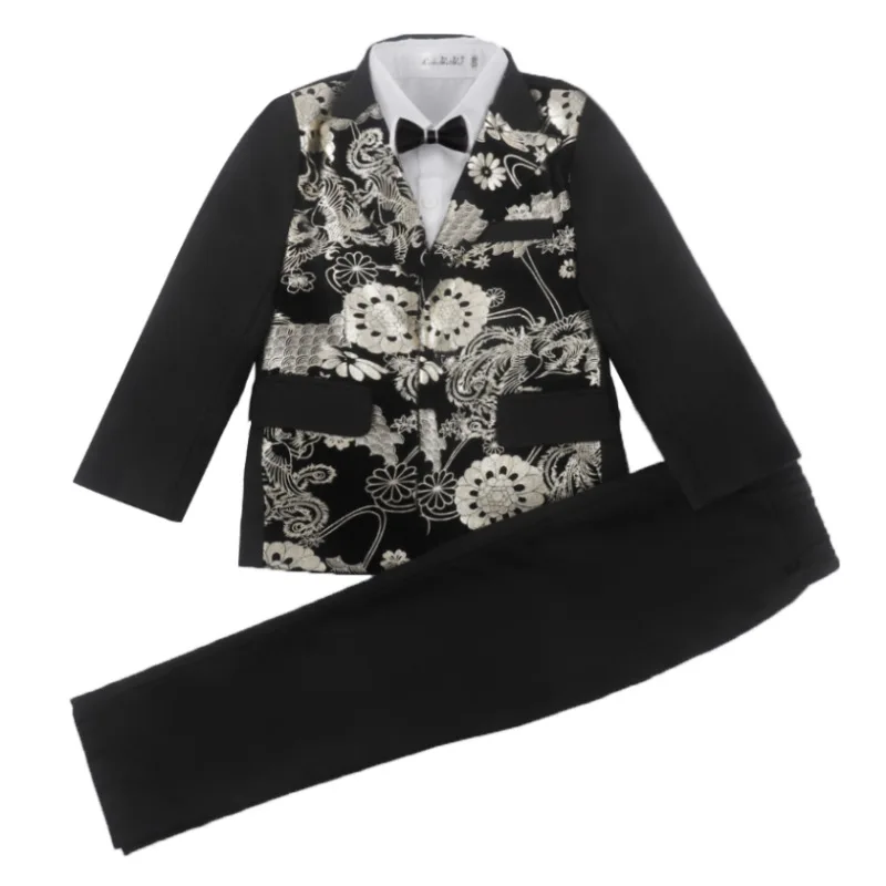 Flower Boys Wedding Dress Suit Set Autumn Children Embroidery Blazer Pants Shirts Bowtie Clothes Kids Host Party Costume