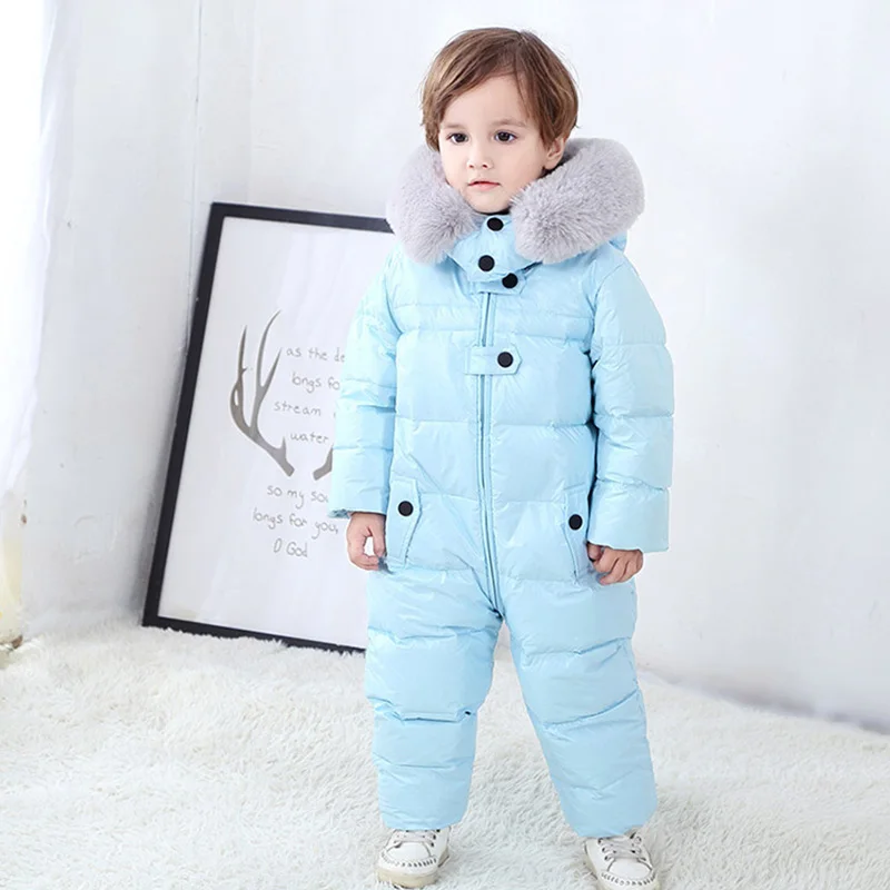 Russian Winter Kids Baby Snowsuit Fleece Liner Thick Warm Down Rompers Hooded Toddler Boys Girls Winter Jacket Ski Suit Outdoor - Цвет: Небесно-голубой