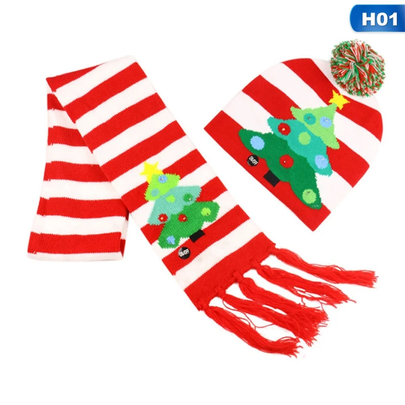 LED Christmas Hats Beanie Sweater Christmas Santa Hat Scarf Light Up Knitted Hat For Kid Adult For Christmas Party