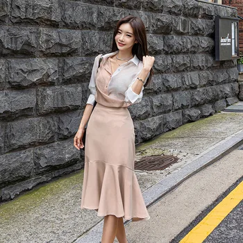 

Contrast Shirt and Sheath Trumpet Wrap Skirt Women OL Work Office Two Piece Set Plus Size 2019 Fall Two Piece Set for Ladies