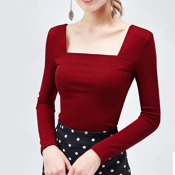

Square collar t-shirt female autumn women's long-sleeved inside 2019 French retro bottoming shirt dew clavicle shirt black white