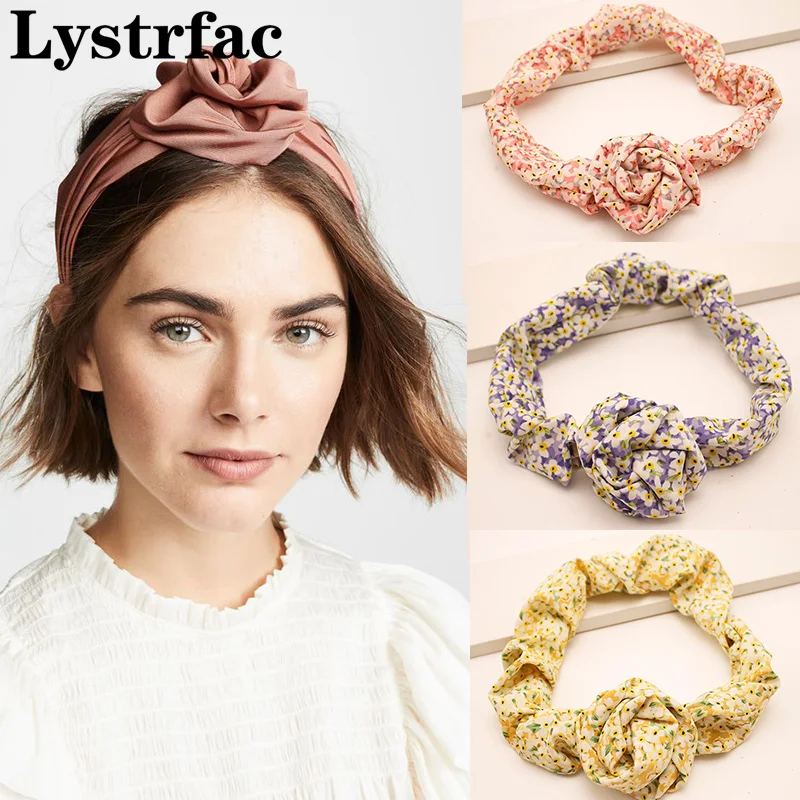 Lystrfac Fashion Print Middle Knotted Flower Bud Headband for Women Gilrs Vintage Ruched Hairband Female Hair Accessories womens dresses 2024 summer sexy ruched knotted backless lace casual v neck spaghetti strap plain daily mini a line dress