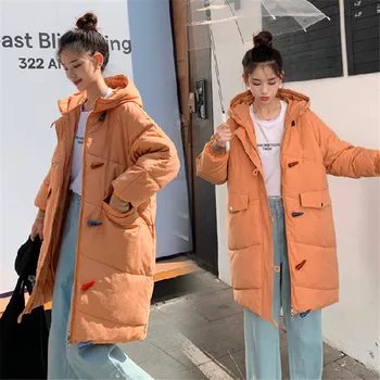 

Women Winter Warm Jacket Down Cotton Coat 2019 New Fashion Long Hooded Horn Buckle Warm Jacket Ladies Parker Coat Outerwear