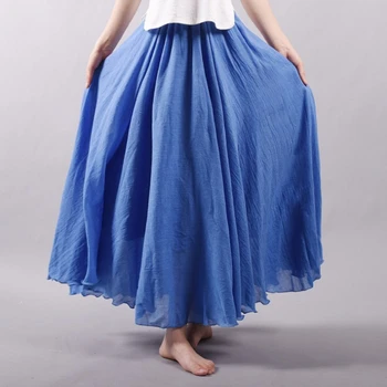 

Women's Elegant High Waist Linen Maxi Skirt Summer Ladies Casual Elastic Waist 2 Layers Skirts saia feminina 14 Colors