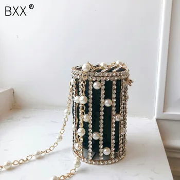 

[BXX] 2020 Pearls Metallic Evening Clutch Bag Women Sweet Hollow Out Bucket Handmade Purses Handbag Beaded Shoulder Bags HJ724